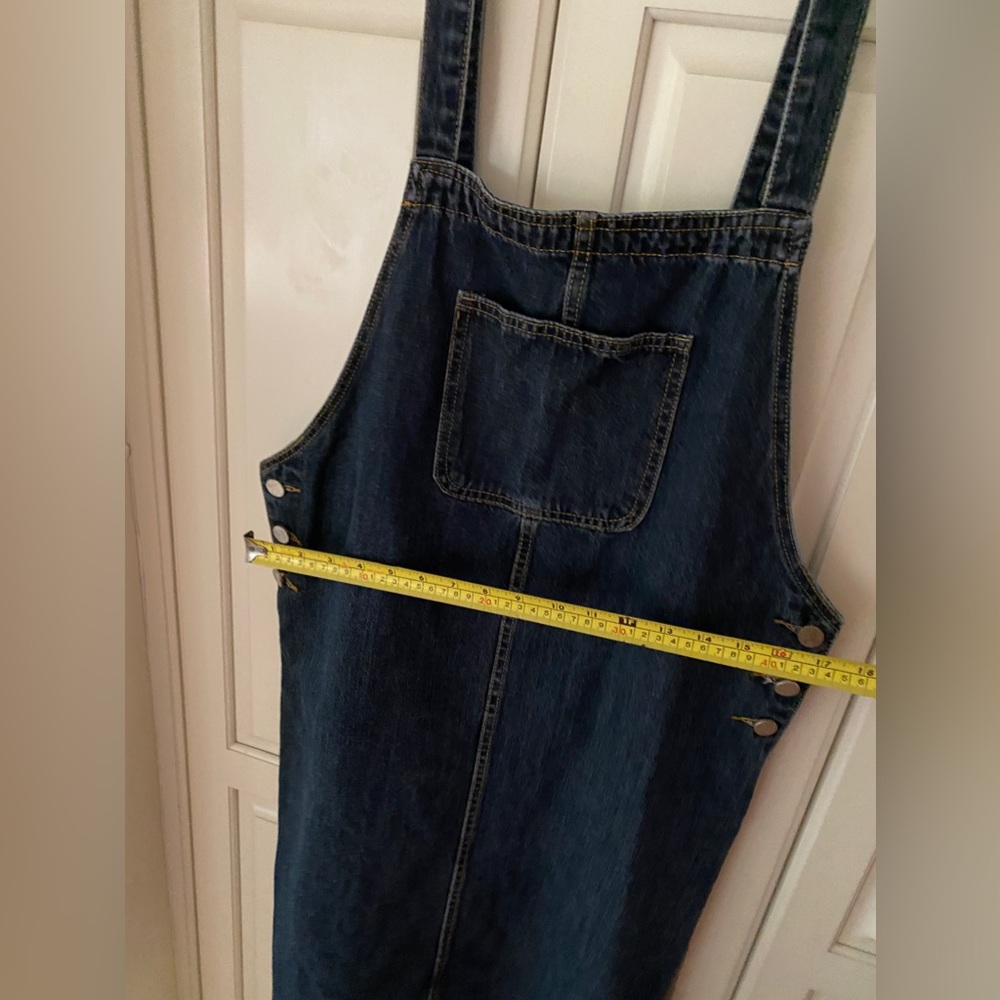 overall denim dress contrast stitching front patch pocket adjustable Straps S - Picture 6 of 10
